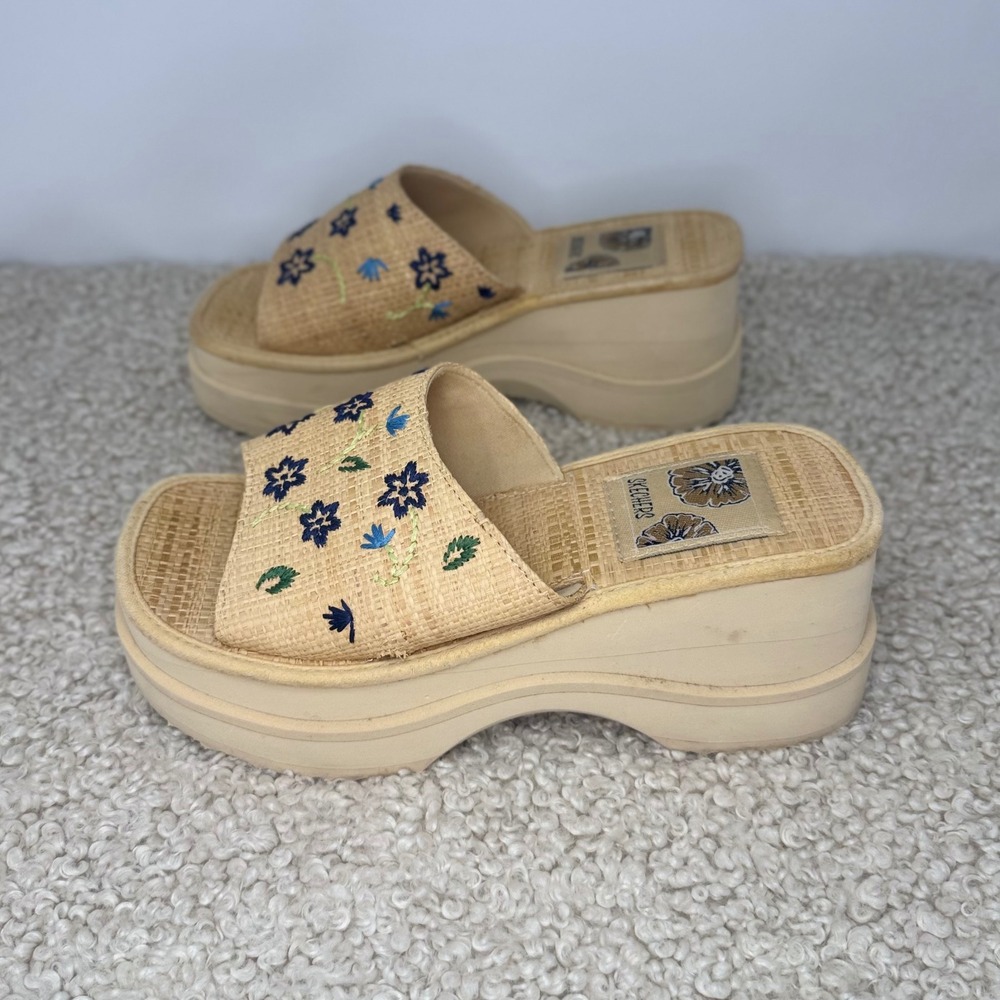 Skechers Vintage 90s Raffia Floral Embroidered Platform Wedge Slide Sandals 7 - Picture 2 of 6